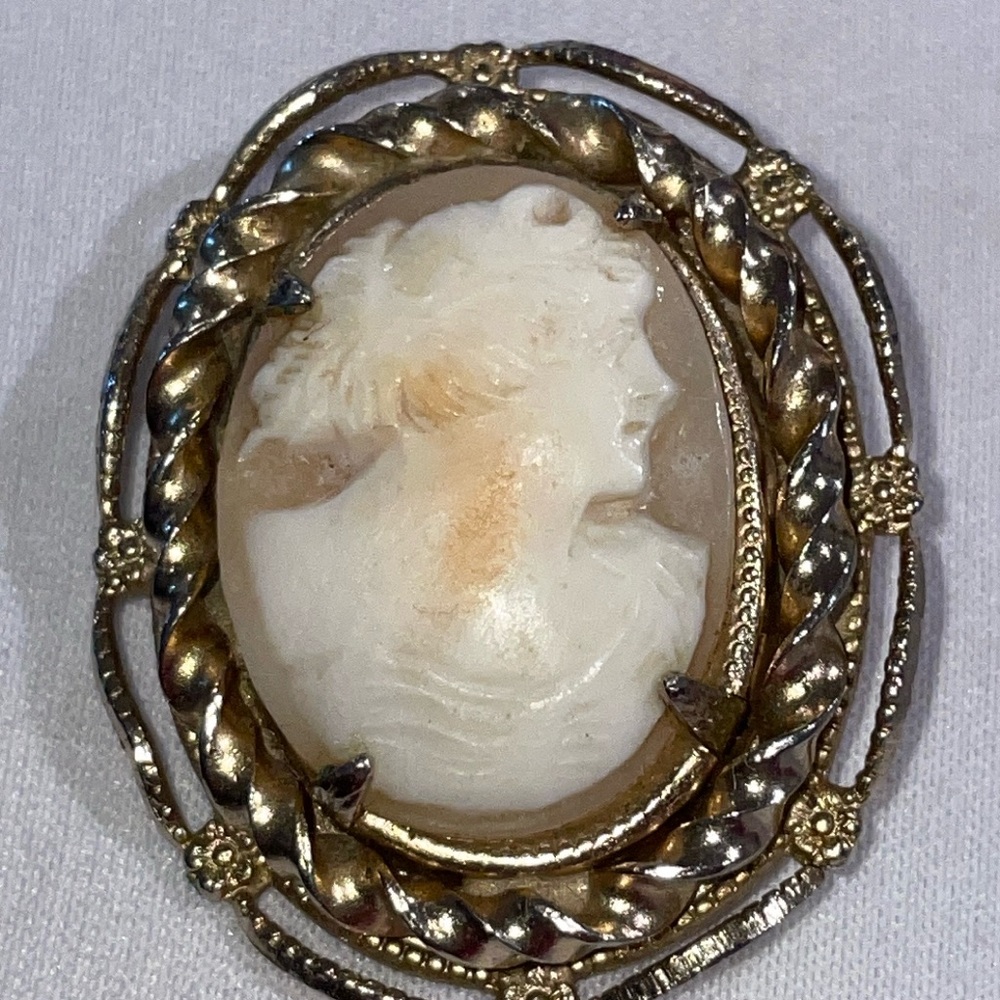 Vintage Carved shell cameo brooch pin